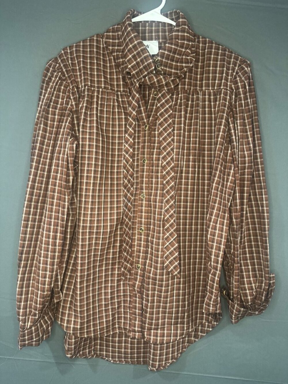 GOODDAY Plaid Blouse XL 2X Ruffle Tie Neck Cottagecore Academia Oversized
